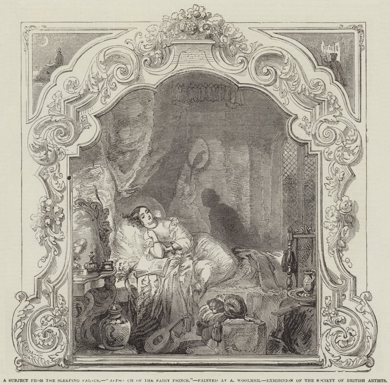 Et emne fra Sleeping Palace, Fairy Princes tilgang, udstilling fra Society of British Artists af Alfred Woolmer