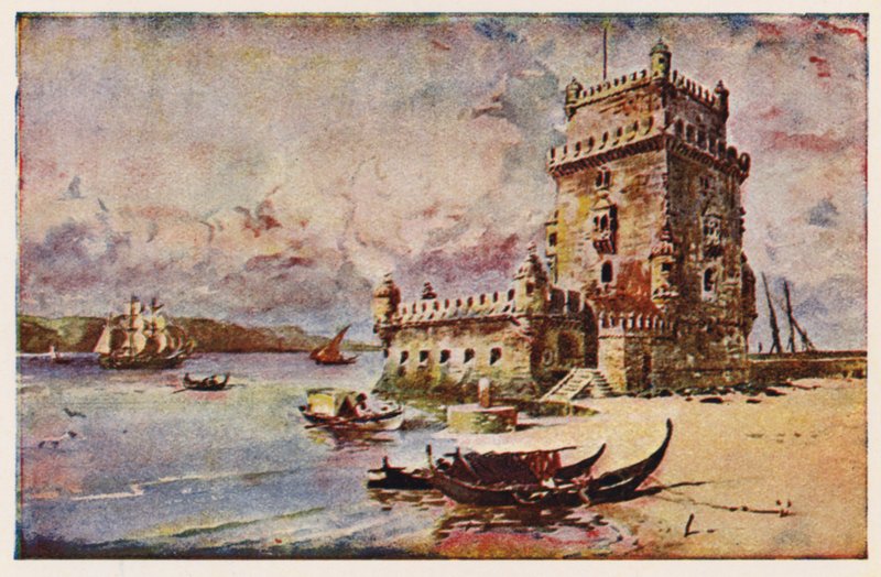 Belem-tårnet, Lissabon (farvelitografi) af Alfredo Roque Gameiro
