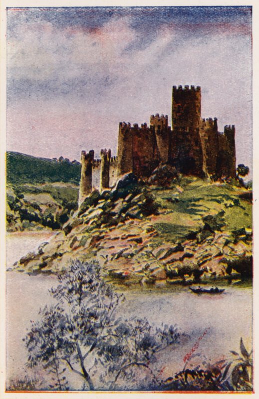 Slottet i Almourol, Portugal (farvelitografi) af Alfredo Roque Gameiro