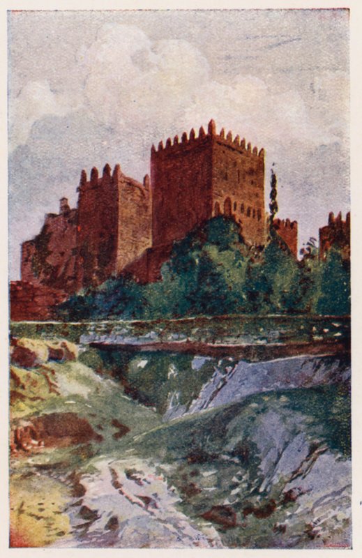 Slottet i Guimaraes, Portugal (farvelitografi) af Alfredo Roque Gameiro