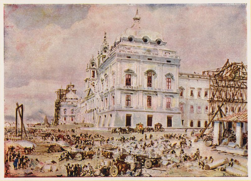 Opførelse af palads-klosteret i Mafra, Portugal (farvelitografi) af Alfredo Roque Gameiro