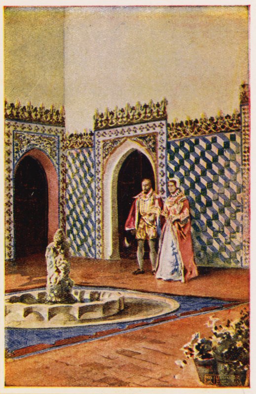 Maurisk arkitektur i paladset i Sintra, Portugal (farvelitografi) af Alfredo Roque Gameiro