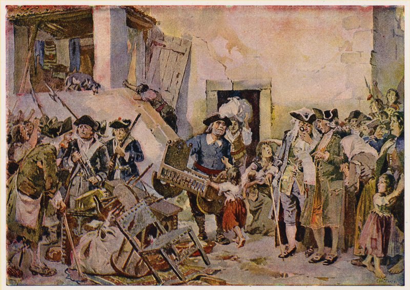 Folk, der er kastet ud i fattigdom, pantsætter deres ejendele, Portugal af Alfredo Roque Gameiro