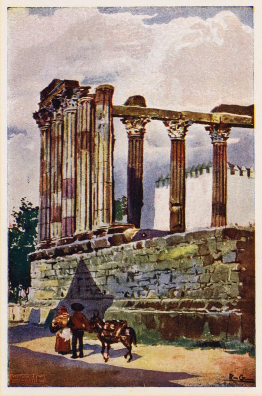 Dianatemplet, Evora, Portugal (farvelitografi) af Alfredo Roque Gameiro