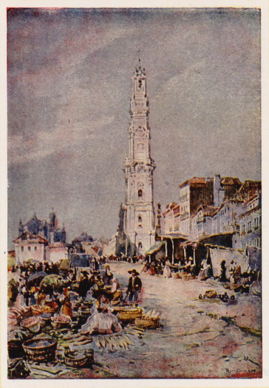 Clerigos-tårnet, Porto, Portugal (farvelitografi) af Alfredo Roque Gameiro