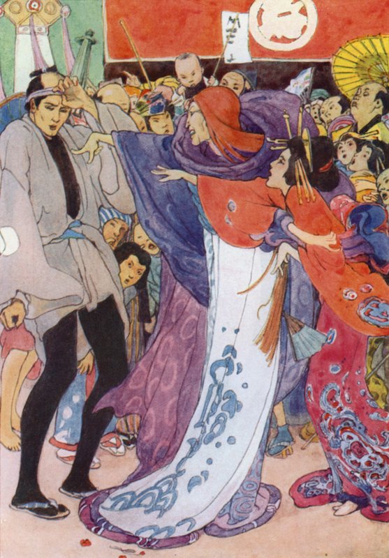 Illustration til The Story of The Mikado (farve litho) af Alice Bolingbroke (after) Woodward