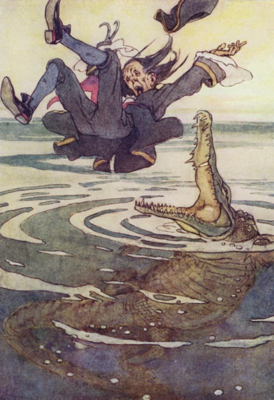 Lige ind i krokodillens kæber! (farve litho) af Alice Bolingbroke (after) Woodward