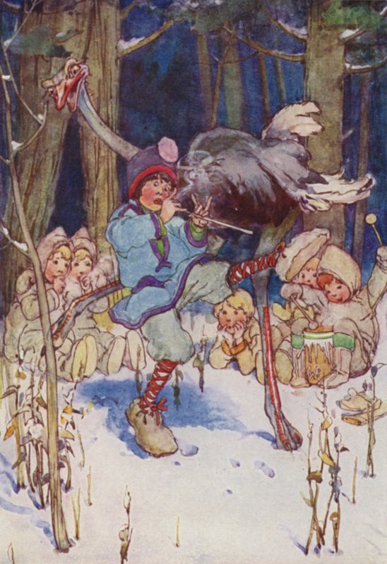 Lidt dansede lystigt med en struds (farve litho) af Alice Bolingbroke (after) Woodward