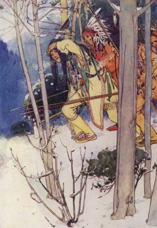 Indianerne krøb lydløst op (farve litho) af Alice Bolingbroke (after) Woodward