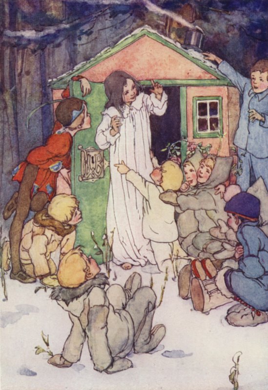 The Lost Boys knælede foran hende (farve litho) af Alice Bolingbroke (after) Woodward