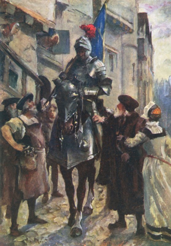 En budbringer fra Flodden, der bringer de dårlige nyheder til Edinburgh (farve litho) af Allan (after) Stewart