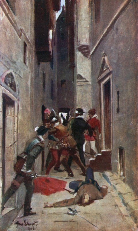 "A Tulzie" i High Street i Edinburgh. Illustration til Tales of a Grandfather af Sir Walter Scott (Werner Laurie, c 1910). af Allan (after) Stewart