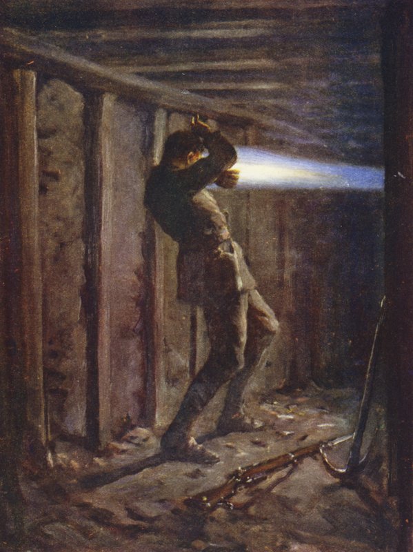 En tunge af blå flamme, der skyder ud fra fjendens side af et minegalleri og alvorligt brændende menig T Bytheway, 20. oktober 1915 (farve litho) af Allan (after) Stewart