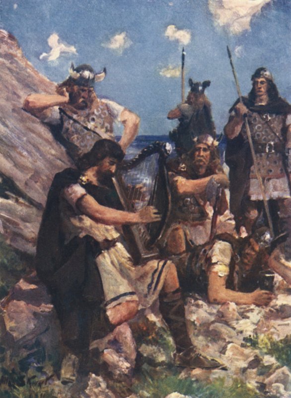 Klædt ud som en gammel bard kom kong Alfred til de heftige danskeres lejr (farve litho) af Allan (after) Stewart