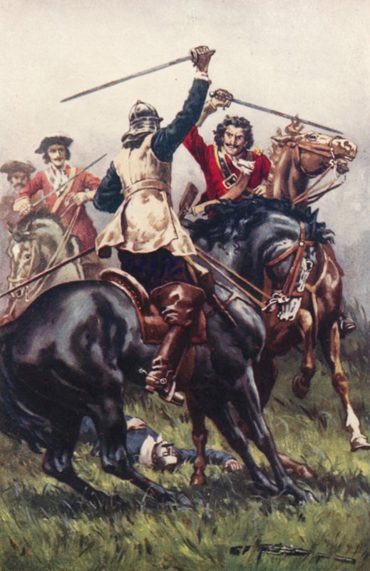 Kamp mellem en Ironside og en Cavalier (farve litho) af Allan (after) Stewart