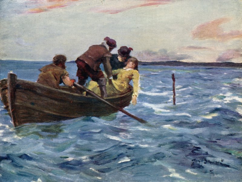 Venlige hænder løftede hende op i båden (farve litho) af Allan (after) Stewart