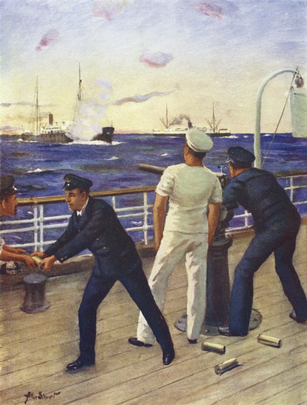Midshipman Reginald Himbury assisterer skytterne fra klanen McTavish i kampen med den tyske raider Moewe af Allan (after) Stewart