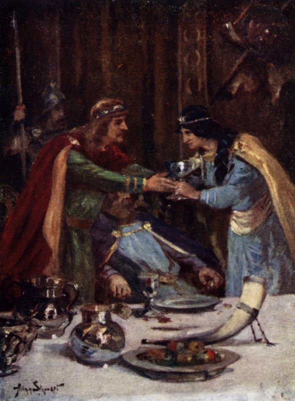 Forgiftning af kong Aethelbert II af East Anglia af Cynethryth, kone til Offa II af Mercia, 794 (farve litho) af Allan (after) Stewart