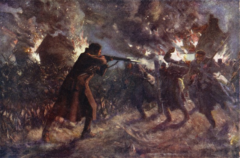 Menig James Meston angreb på egen hånd flere af fjenden, der rykkede frem efter at have erobret en britisk skyttegrav, First Battle of Ypres, 31. oktober 1914 (farve litho) af Allan (after) Stewart