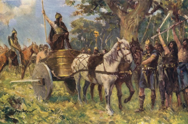 Dronning Boadicea taler til briterne (farve litho) af Allan (after) Stewart