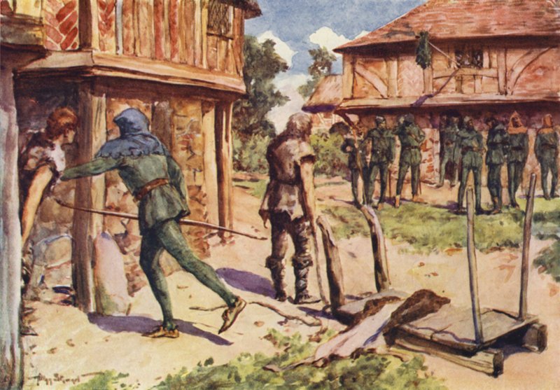Robin Hood and his Merry Men: How Robin Hood blev en fredløs (farve litho) af Allan (after) Stewart