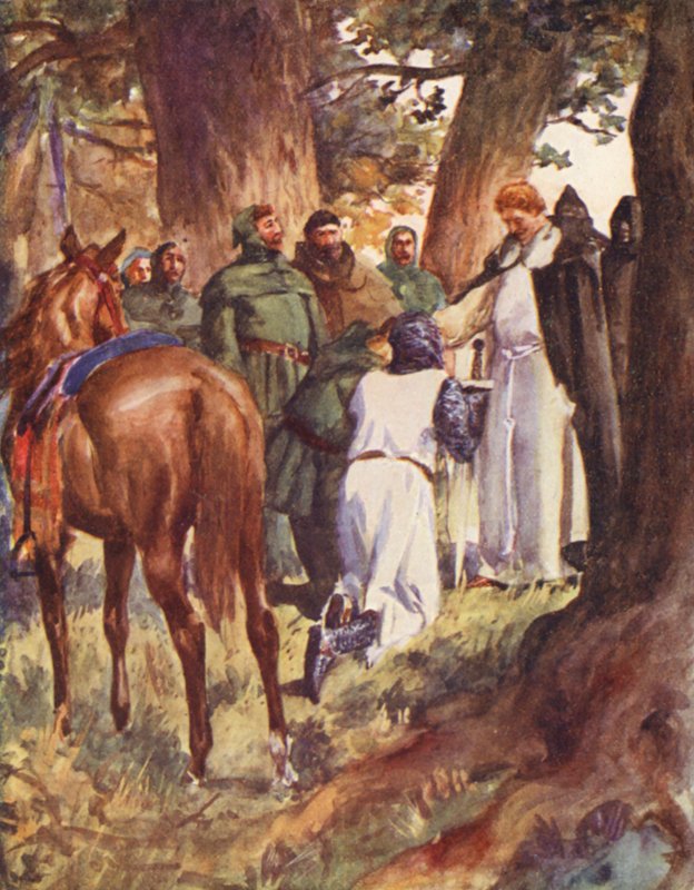 Robin Hood and his Merry Men: King Richard genkendte (farve litho) af Allan (after) Stewart