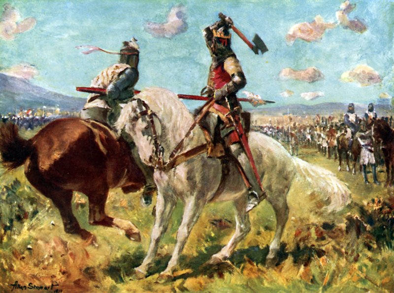Kampen mellem kong Robert the Bruce og Sir Henry de Bohun ved Bannockburn (farve litho) af Allan (after) Stewart