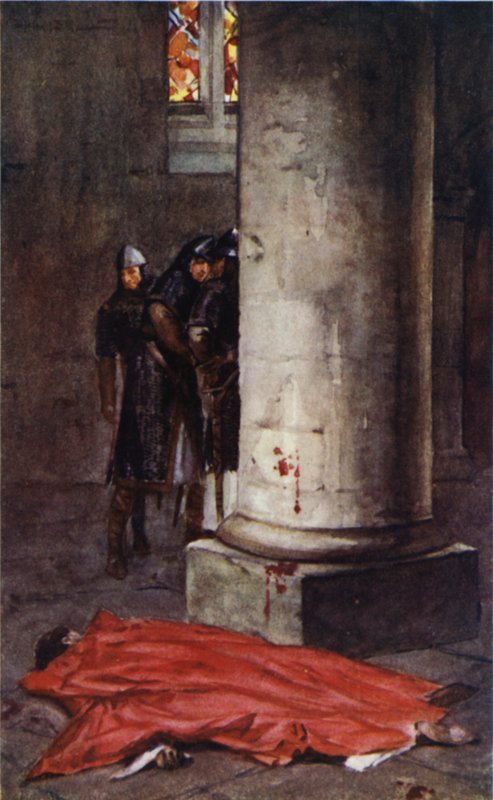 Mordet på Thomas a Becket i Canterbury Cathedral (farve litho) af Allan (after) Stewart