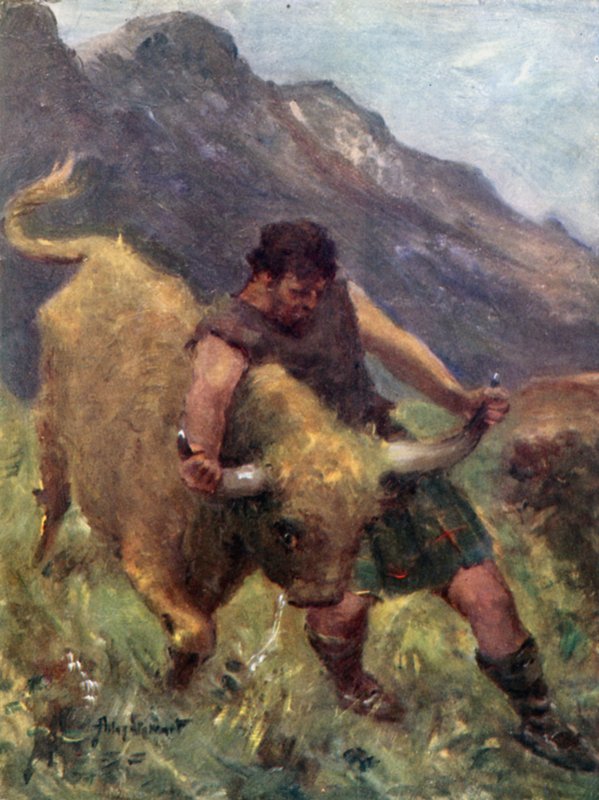 Da han kæmpede med det, faldt et af dets horn af i hans hænder (farve litho) af Allan (after) Stewart