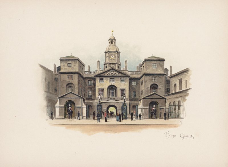 Kendte London: Horse Guards (farvelitografi) af Allan F. Barraud
