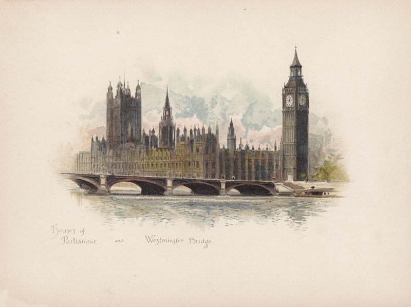 Kendte London: Houses of Parliament og Westminster Bridge (farvelitografi) af Allan F. Barraud