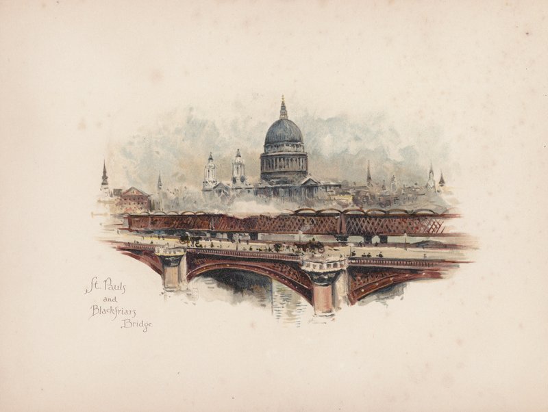 Familiar London: St Pauls og Blackfriars Bridge (farvelitografi) af Allan F. Barraud