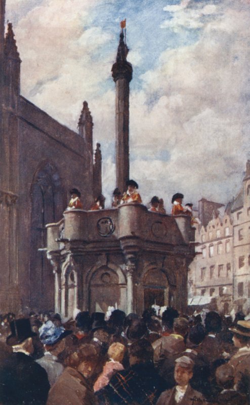 En kongelig proklamation fra Mercat Cross (farve litho) af Allan Stewart