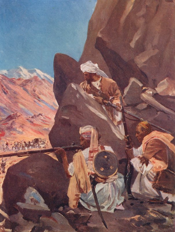 Bjergstammer skyder på en britisk styrke ved den nordvestlige grænse (farvelitografi) af Allan Stewart