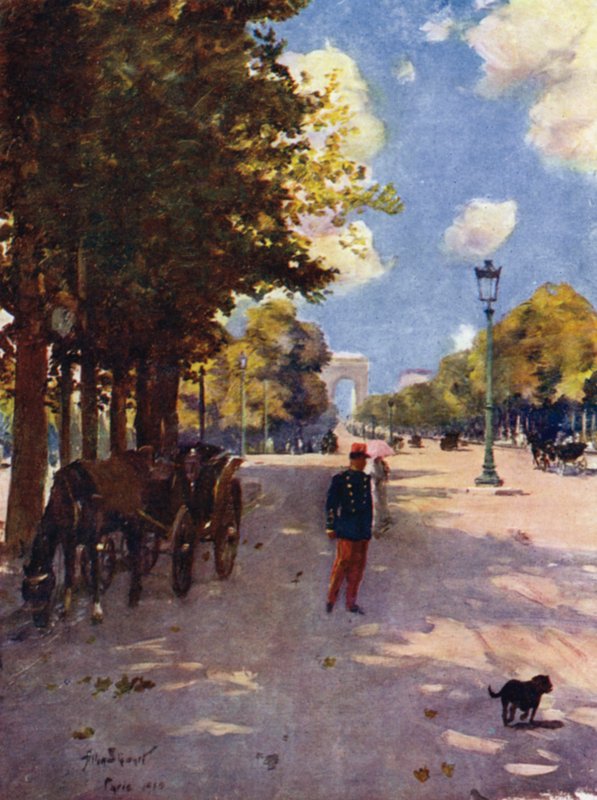 Paris: Champs-Elysees og Triumfbuen (farve litho) af Allan Stewart