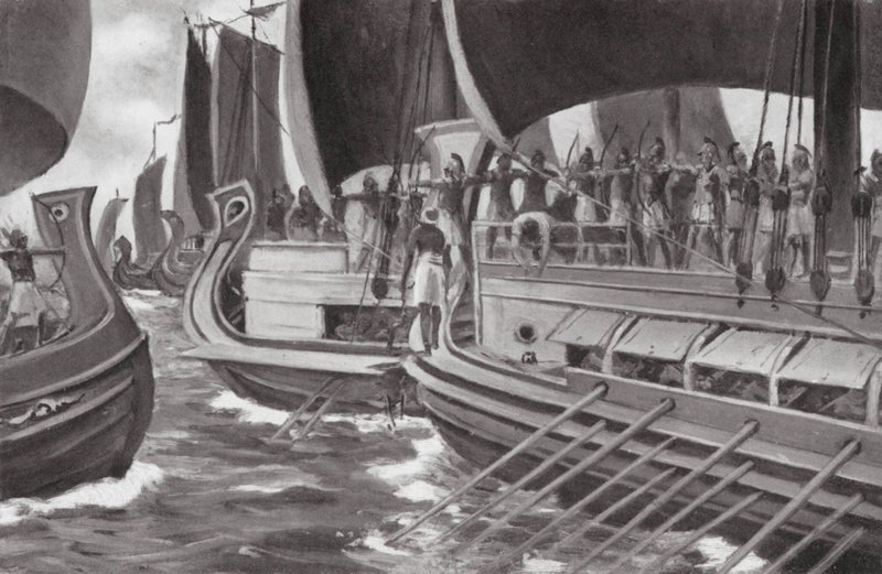 Historiens første søslag (litografi) af Allan Stewart
