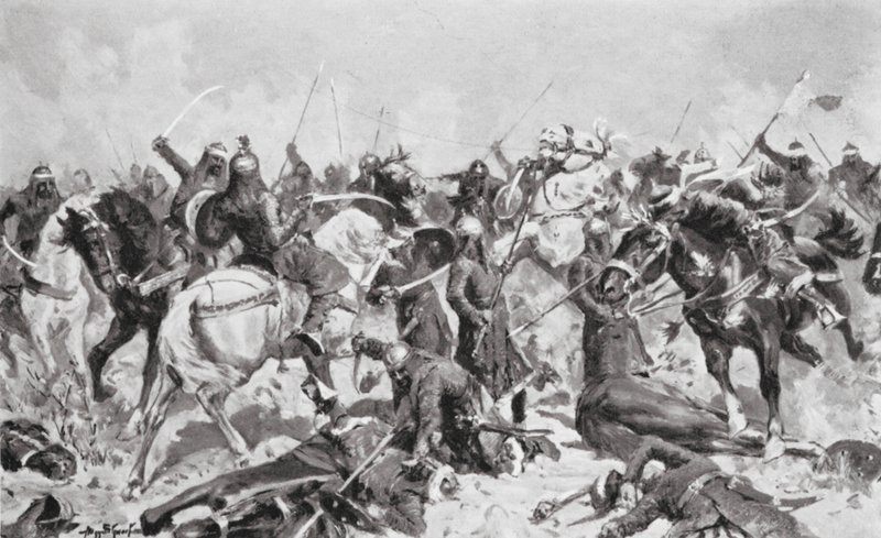 Rajputernes sidste kamp mod muhammedanerne i 1192 AD (litografi) af Allan Stewart