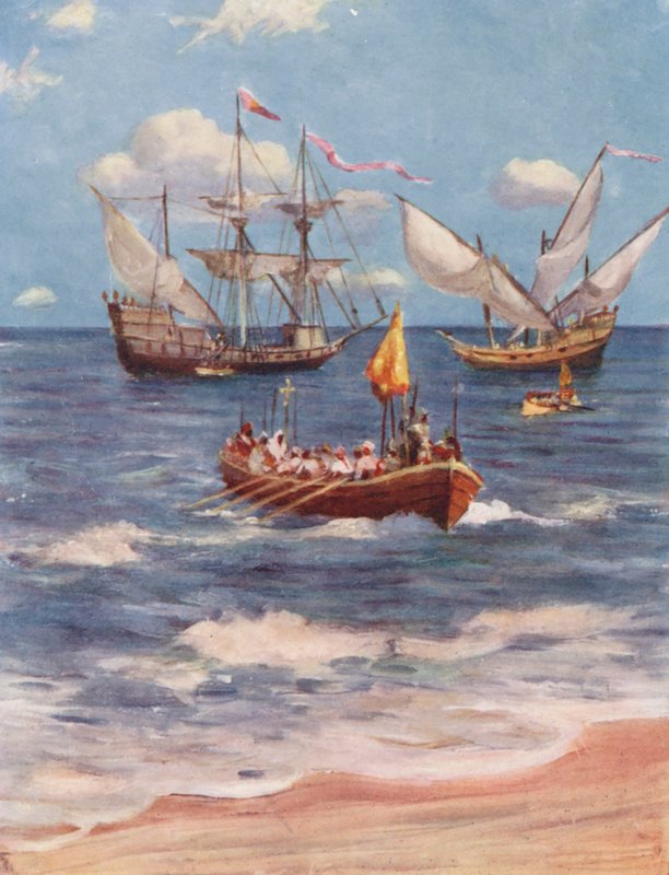 Vasco da Gama lander ved Kalicut (farvelitografi) af Allan Stewart