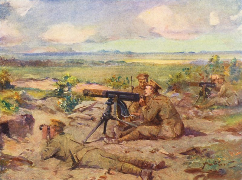WW1: Maskingeværer i aktion (farvelitografi) af Allan Stewart