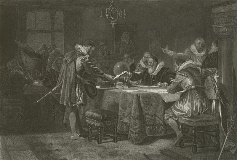 Henry Hudson modtog sin kommission fra det hollandske østindiske kompagni, 1609 af Alonzo Chappel