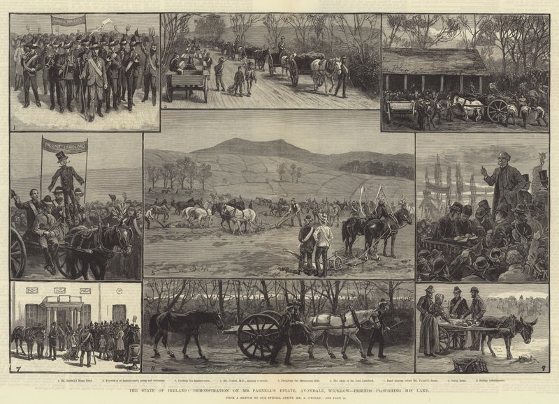 Staten i Irland, demonstration på hr. Parnells ejendom, Avondale, Wicklow, venner, der pløjer hans jord af Aloysius O