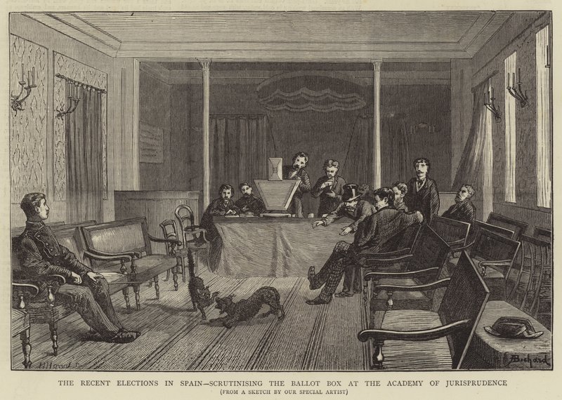 De seneste valg i Spanien, gennemgang af stemmeurnerne på Akademiet for Retsvidenskab af Alphonse Adolphe Bichard