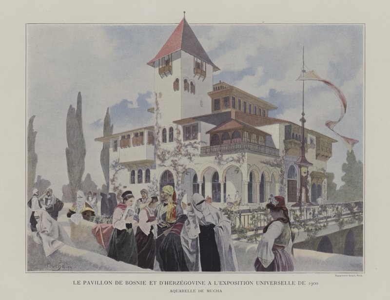 Pavillon i Bosnien-Hercegovina ved Exposition Universelle 1900, Paris (farve litho) af Alphonse Marie (after) Mucha