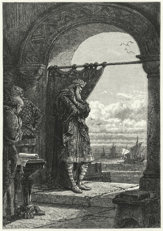Karl den Store ser spændt på, hvordan skibe nærmede sig med normanniske raiders (gravering) af Alphonse Marie de (after) Neuville