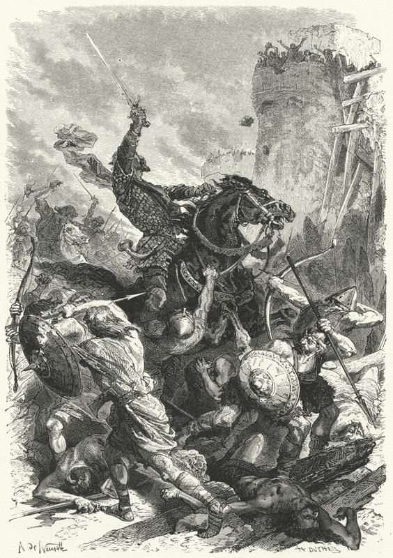 Grev Odo forsvarer Paris mod normannerne, 886 (gravering) af Alphonse Marie de (after) Neuville