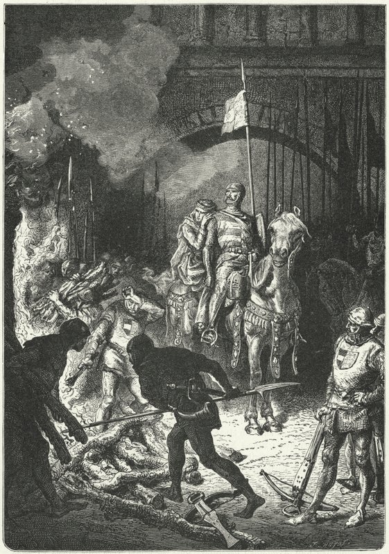 El Cid, ledsaget af sin kone Dona Jimena, fører tilsyn med bygningen af begravelsesbålet for Ahmed, den mauriske konge af Valencia af Alphonse Marie de (after) Neuville