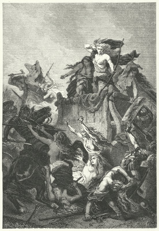 Germanske kvinder forsvarer deres lejr til døden (gravering) af Alphonse Marie de (after) Neuville