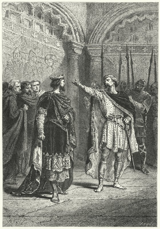 Hugh Capet, frankernes konge, og den oprørske grev Adalbert af Perigord, 987 (gravering) af Alphonse Marie de (after) Neuville