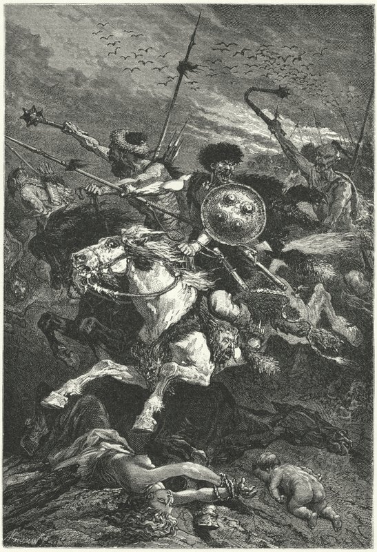 Hunnere angreb ved slaget ved Chalons, 451 (gravering) af Alphonse Marie de (after) Neuville