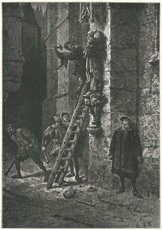 Protestanter ødelægger en statue af Jomfruen og Barnet på Notre Dame, Paris af Alphonse Marie de (after) Neuville